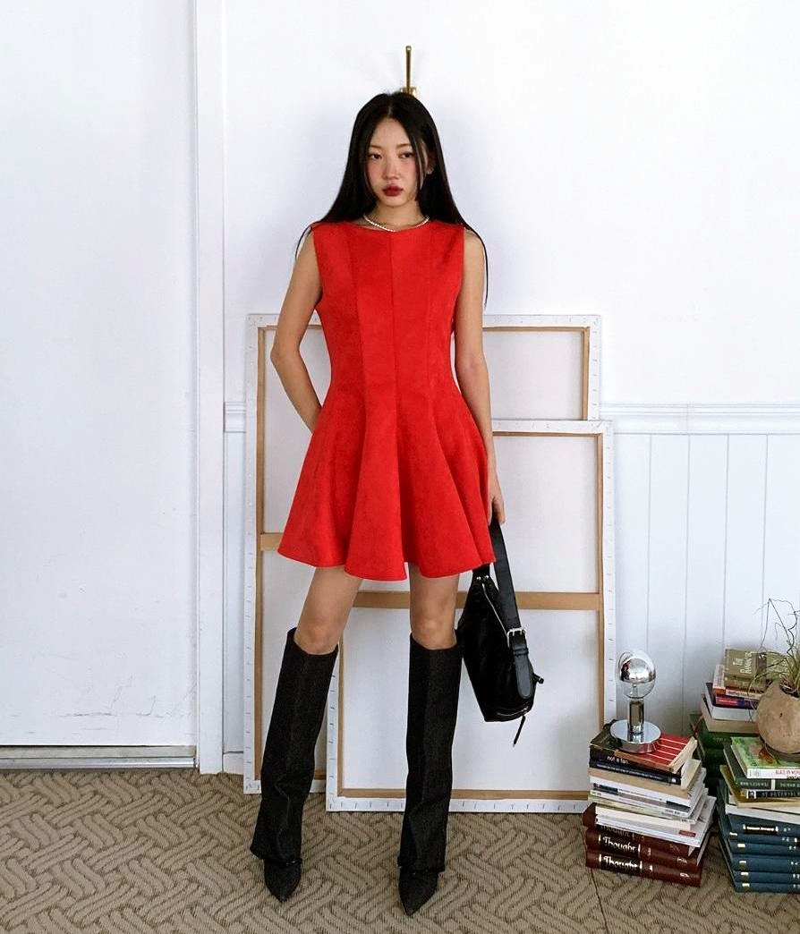 스웨이드 플레어 민소매 A라인 미니 원피스 - 상품 이미지