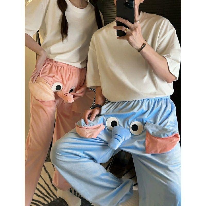 귀여운 코끼리 바지 크마스 전투복 캐주얼 홈웨어 블루 롱 팬츠 S - 상세 이미지 3