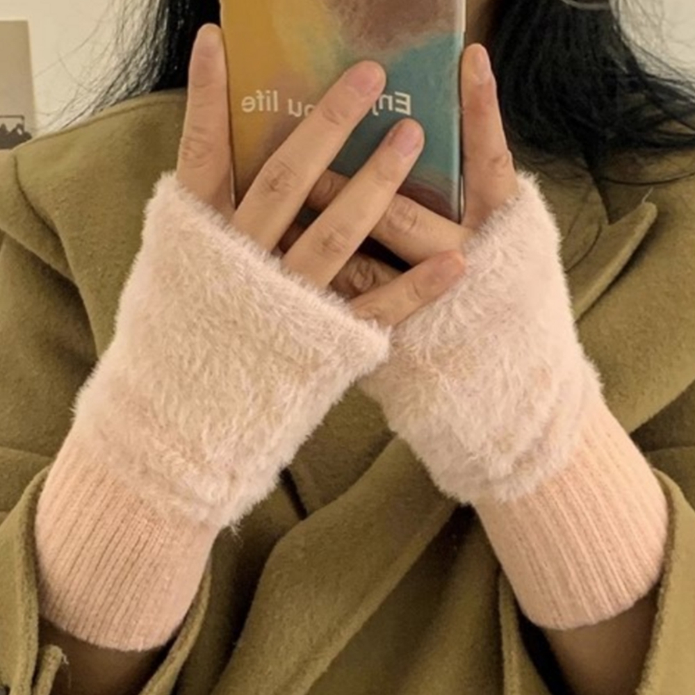 여성 겨울반장갑 손가락없는장갑 수면 손가락뚫린장갑 밍크털 핑크 - 상품 이미지