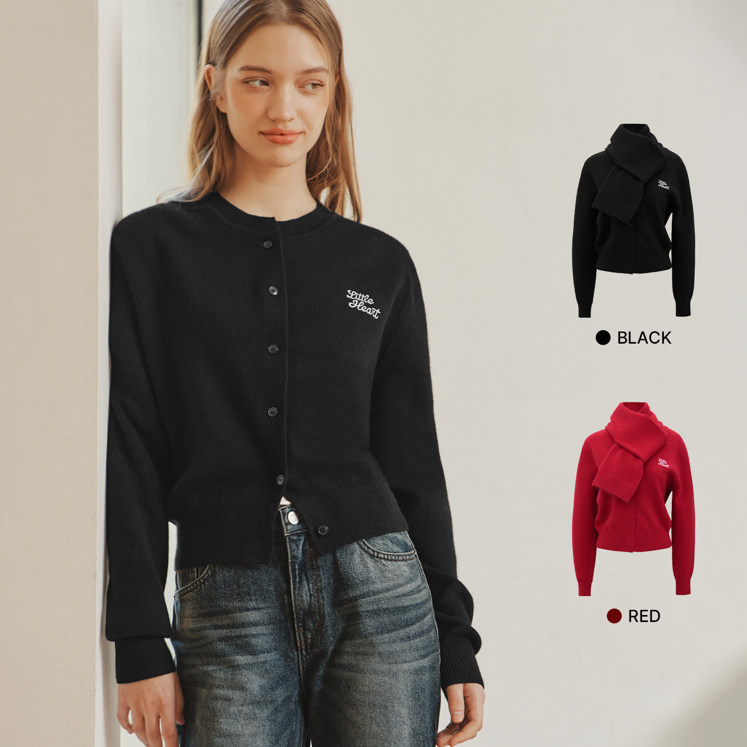 [제로스트릿][2컬러] 리틀 하트 캐시미어 가디건 & 머플러 세트 LITTLE HEART CASHMERE CARDIGAN & MUFFLER SET - 상세 이미지 2