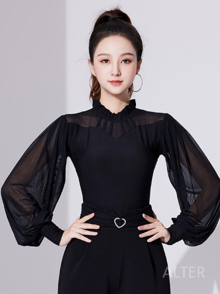 스포츠 댄스복 상의 라인 재즈 댄스 라틴 긴팔 레이스 블랙 M - 상세 이미지 4