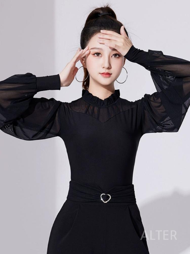 스포츠 댄스복 상의 라인 재즈 댄스 라틴 긴팔 레이스 블랙 M - 상세 이미지 5