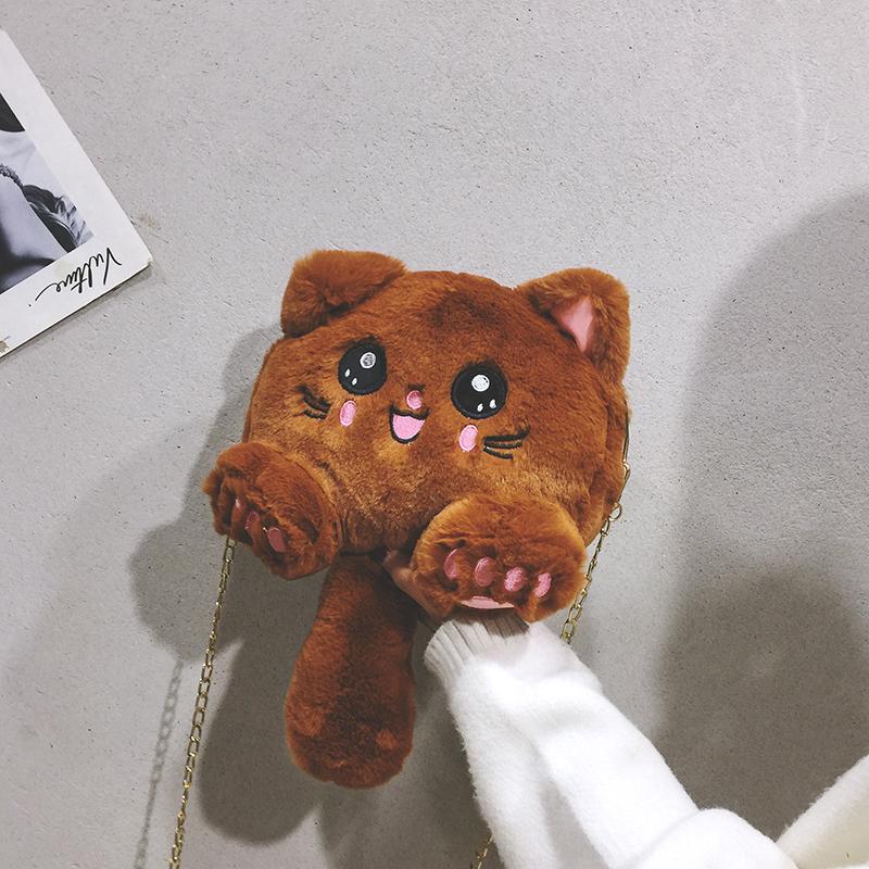 귀여운 고양이 캐릭터 체인 숄더백 학생용 미니 브라운 - 메인 이미지