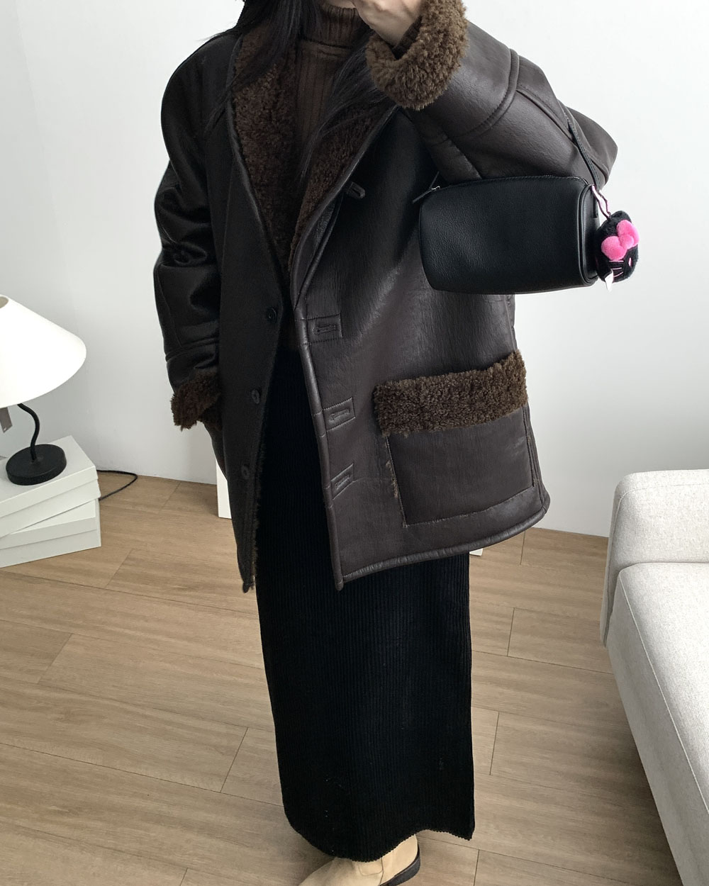 [당일발송] 초코 무스탕 양털 숄카라 레더 무스탕자켓 웨어링무드 - 상세 이미지 5