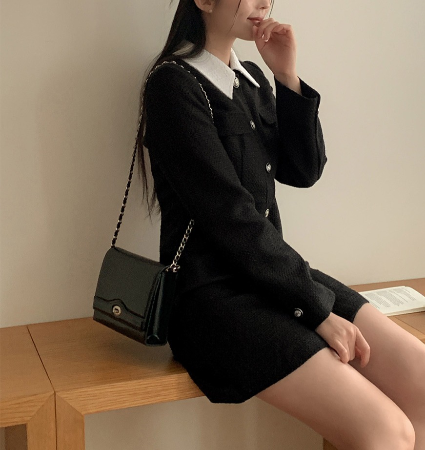 카라 포인트 트위드 정장 원피스 블랙 이미지 8
