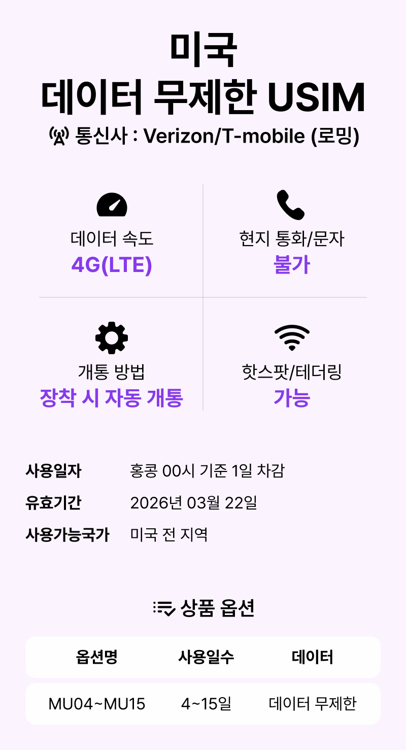 미국유심 하와이 캐나다 5G 티모바일 무제한 통화1일 유심칩 인천공항 멕시코 로밍전화