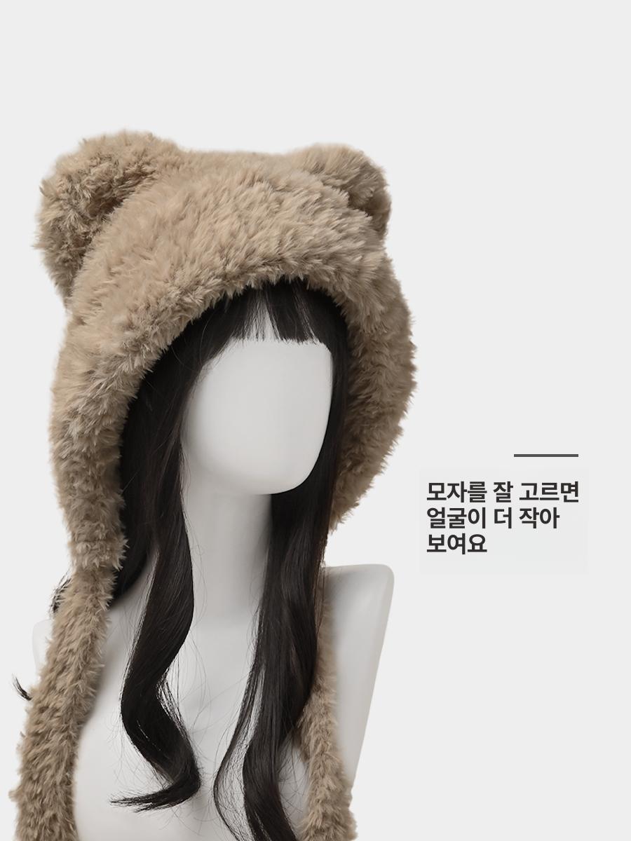 곰돌이 모자 여성용 플러시 귀 보호 따뜻한 털 귀 겨울 방한 귀마개 카키 프리사이즈 약54-60cm - 상세 이미지 3