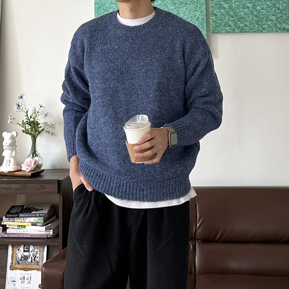 남자 니트 두꺼운 오버핏 알파카 빨간 레드 니트 남자 스웨터 이미지 6