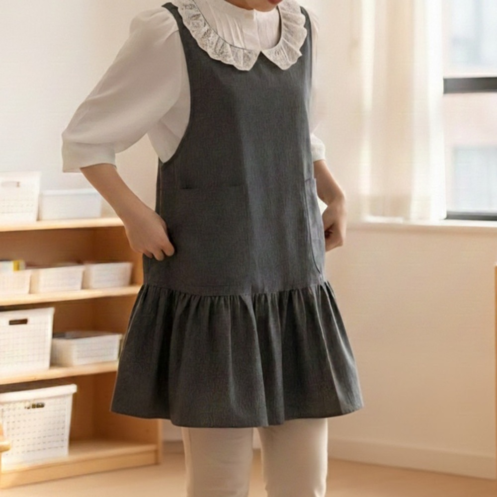스윗 신혼 보육교사 선생님 앞치마 옆단추 레이스 면 셔링 원피스 선물용 앨리스