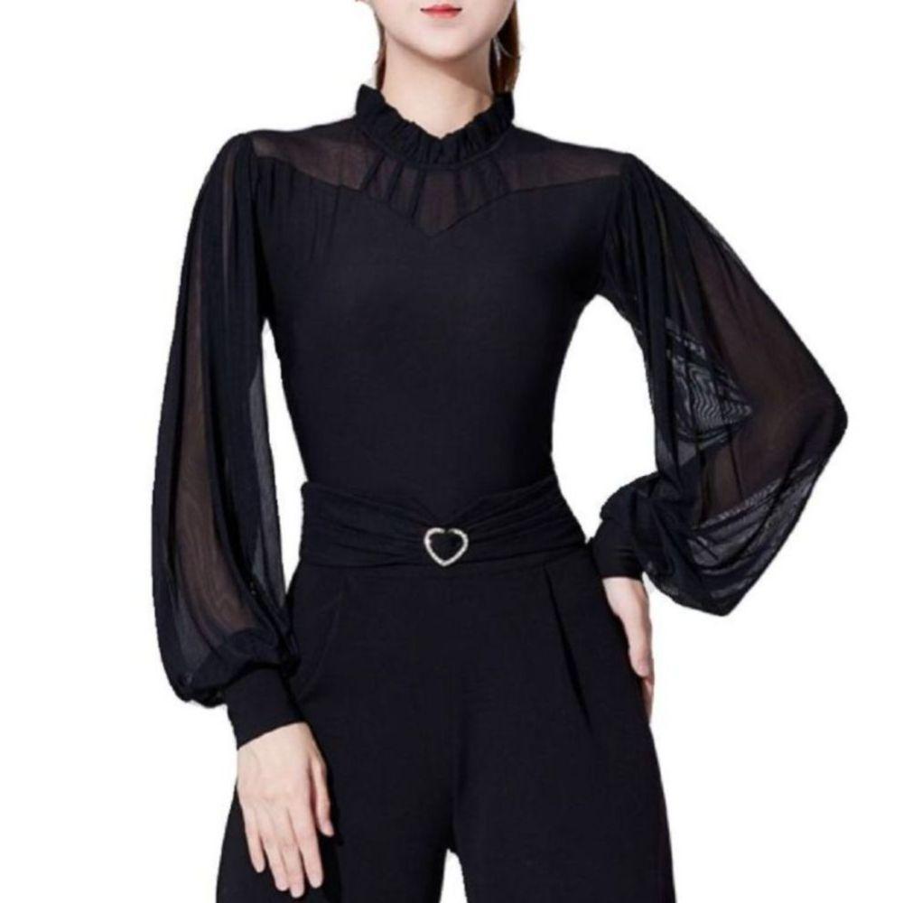 스포츠 댄스복 상의 라인 재즈 댄스 라틴 긴팔 레이스 블랙 M - 상품 이미지