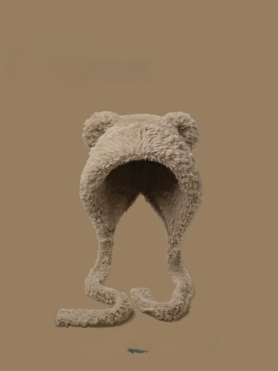 곰돌이 모자 여성용 플러시 귀 보호 따뜻한 털 귀 겨울 방한 귀마개 카키 프리사이즈 약54-60cm - 상품 이미지