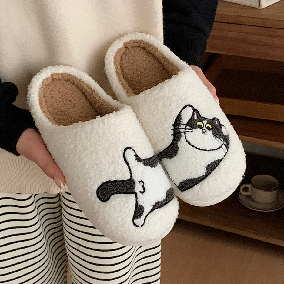 겨울 실내화 귀여운 고양이 강아지 커플 줄무늬 코튼 슬리퍼 가을 거실화 학생 직장인 기숙사 블랙 앤 화이트 캣 36-37 - 상세 이미지 2