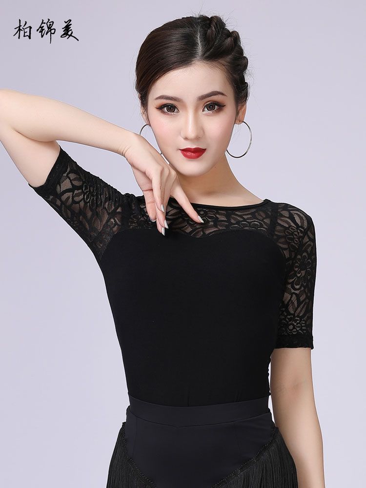 라인 댄스 댄스복 시스루 상의 라틴 반팔상의 티셔츠 레이스 플라워 - 상세 이미지 5
