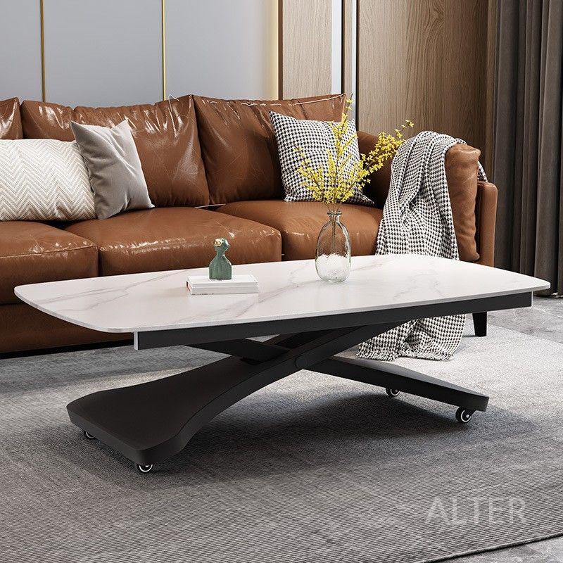 높이조절 테이블 탁자 이동식 대리석 리프팅 식탁 바퀴달린 화이트 스톤 블랙 다리 120x70x75cm - 상세 이미지 2