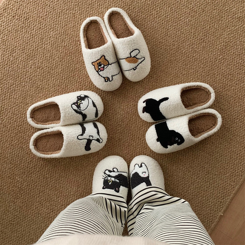 겨울 실내화 귀여운 고양이 강아지 커플 줄무늬 코튼 슬리퍼 가을 거실화 학생 직장인 기숙사 블랙 앤 화이트 캣 36-37 - 상세 이미지 5