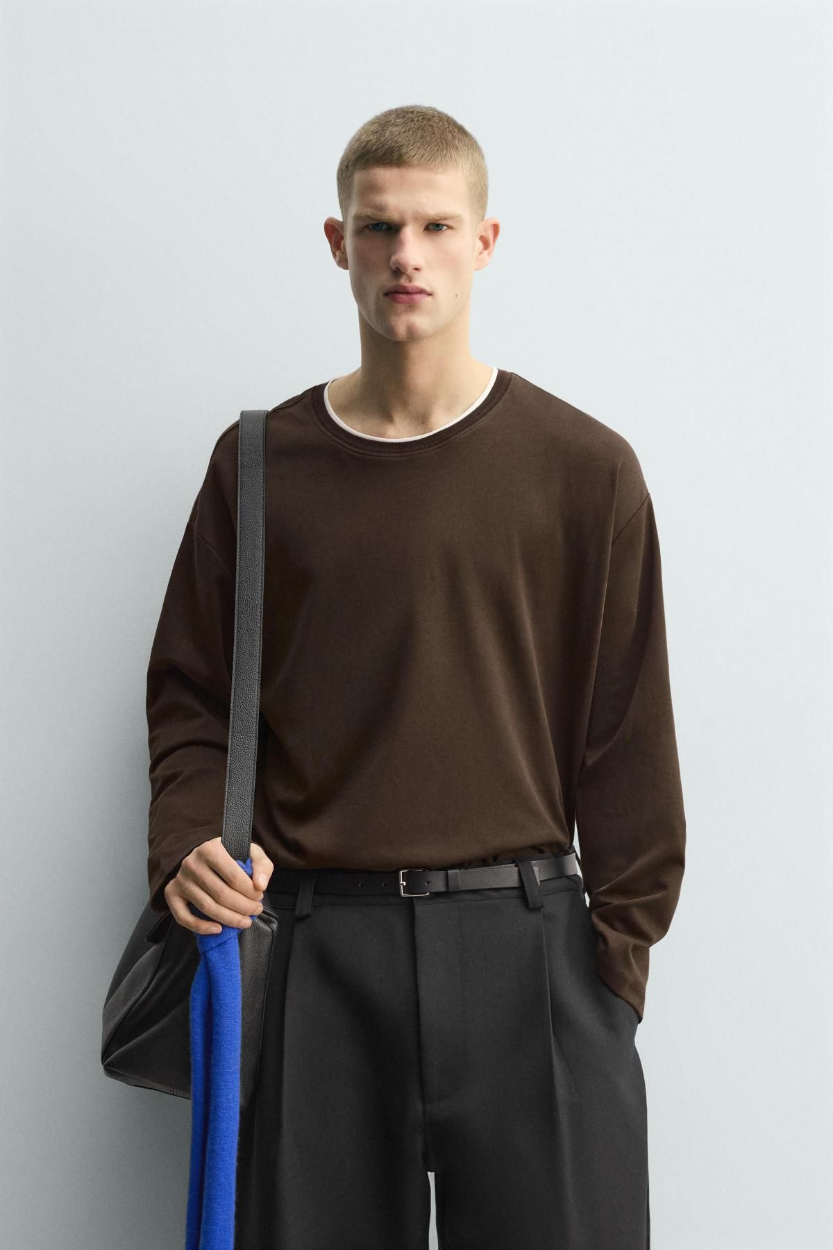 자라 투톤 더블레이어 루즈핏 긴팔 티셔츠 5584/391 BROWN - 상세 이미지 3