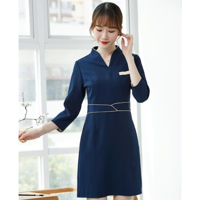 피부관리사 여름 유니폼 반팔 호텔 단체복 7부 8부 근무복 피부샵 원피스 데스크 뷰티샵 - 상품 이미지