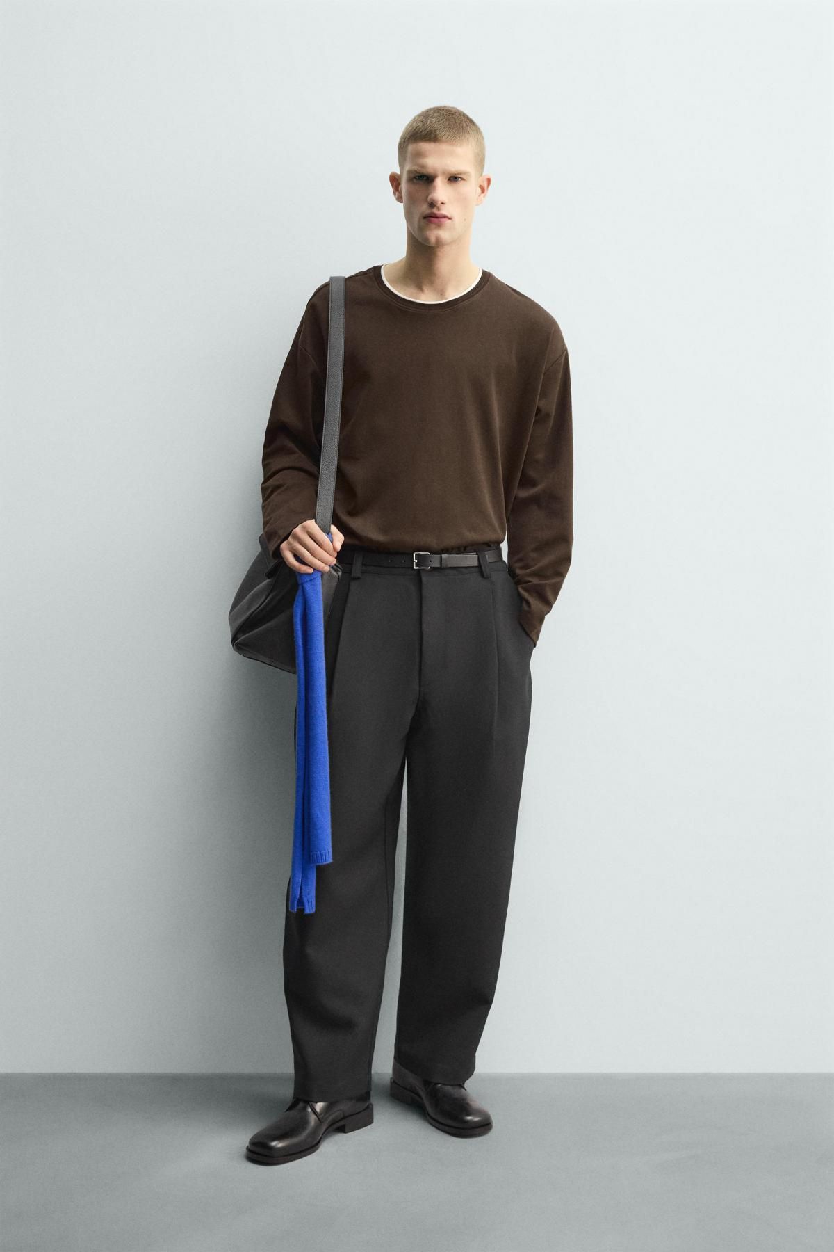 자라 투톤 더블레이어 루즈핏 긴팔 티셔츠 5584/391 BROWN - 상세 이미지 2