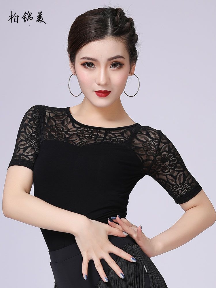 라인 댄스 댄스복 시스루 상의 라틴 반팔상의 티셔츠 레이스 플라워 - 상세 이미지 3