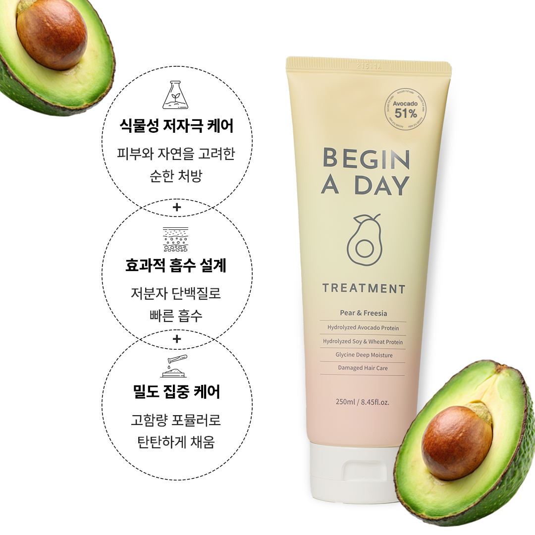 비긴어데이 아보카도 단백질 트리트먼트 약산성 비건 천연 윤기 손상모 헤어팩, 250ml 이미지 3