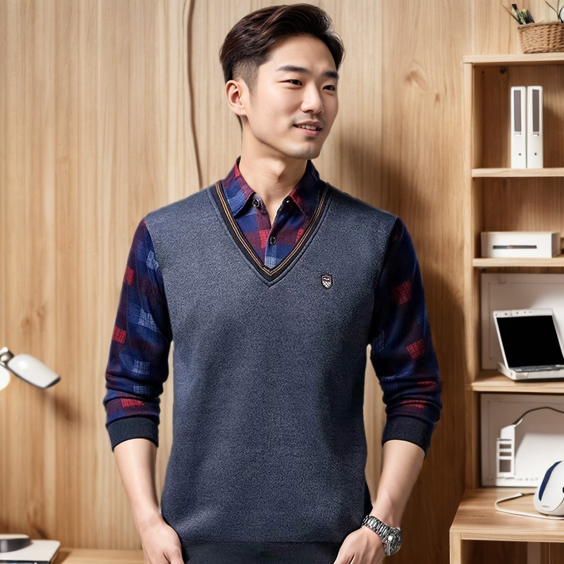 체크텐텐 2in1 남자 셔츠 구김없는 티셔츠 - 상품 이미지
