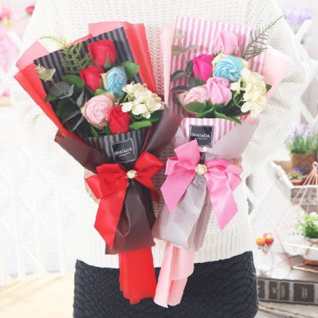 수국캔디부케 졸업식 꽃다발 사탕부케 재롱잔치 선물용 핑크 레드 리본장식 포장지 조화꽃 달콤한 기념품