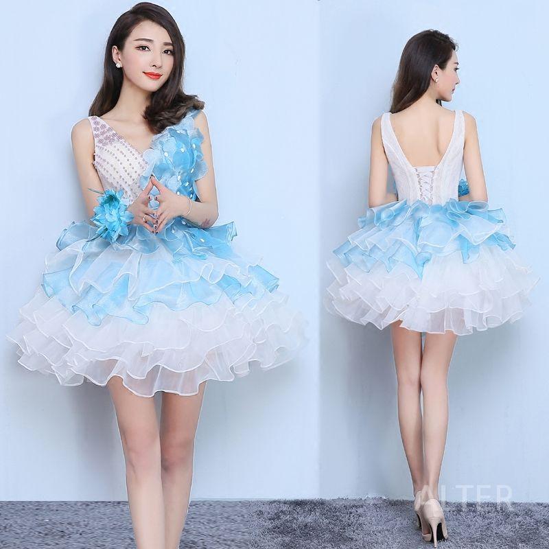 블루 칵테일 드레스 공연 무대 쉬폰 화려한 이브닝 미니 블루 M - 상세 이미지 2