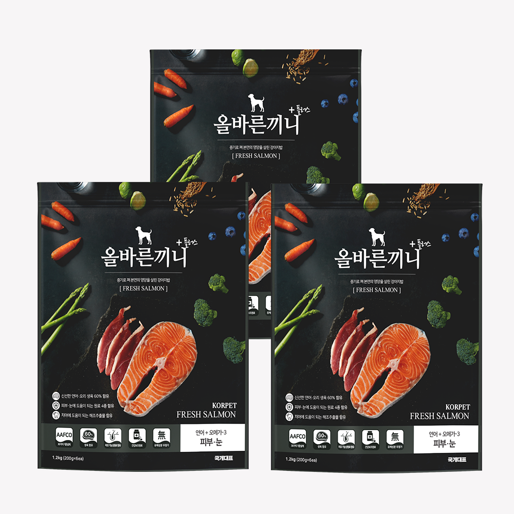 올바른끼니 플러스 눈물 알러지 피부 도움 기호성 좋은 강아지사료 연어+오메가3, 1.2kg, 3개 - 상품 이미지