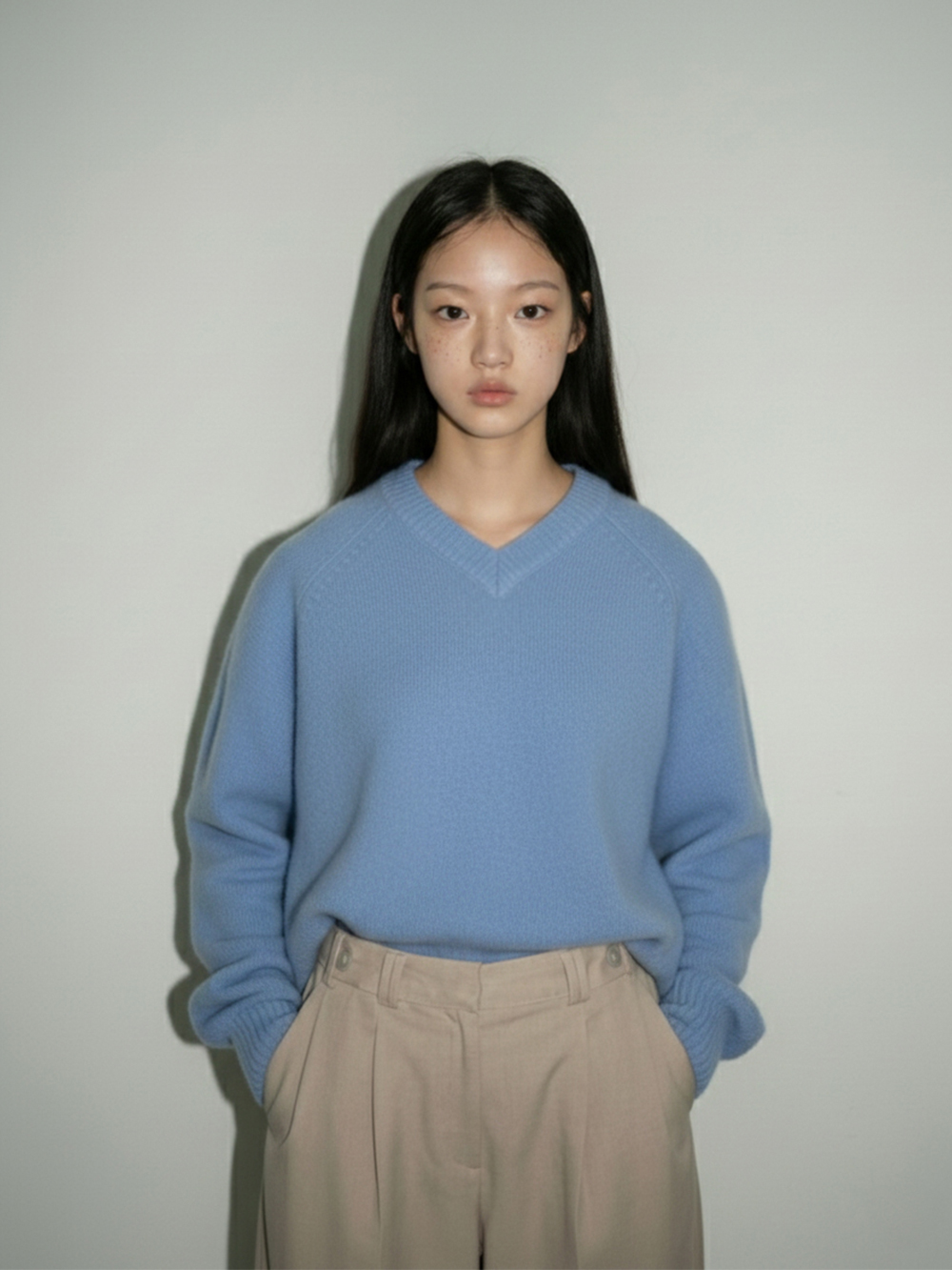 320쇼룸 라글런 V넥 루즈핏 니트 풀오버 스카이블루 - 상품 이미지