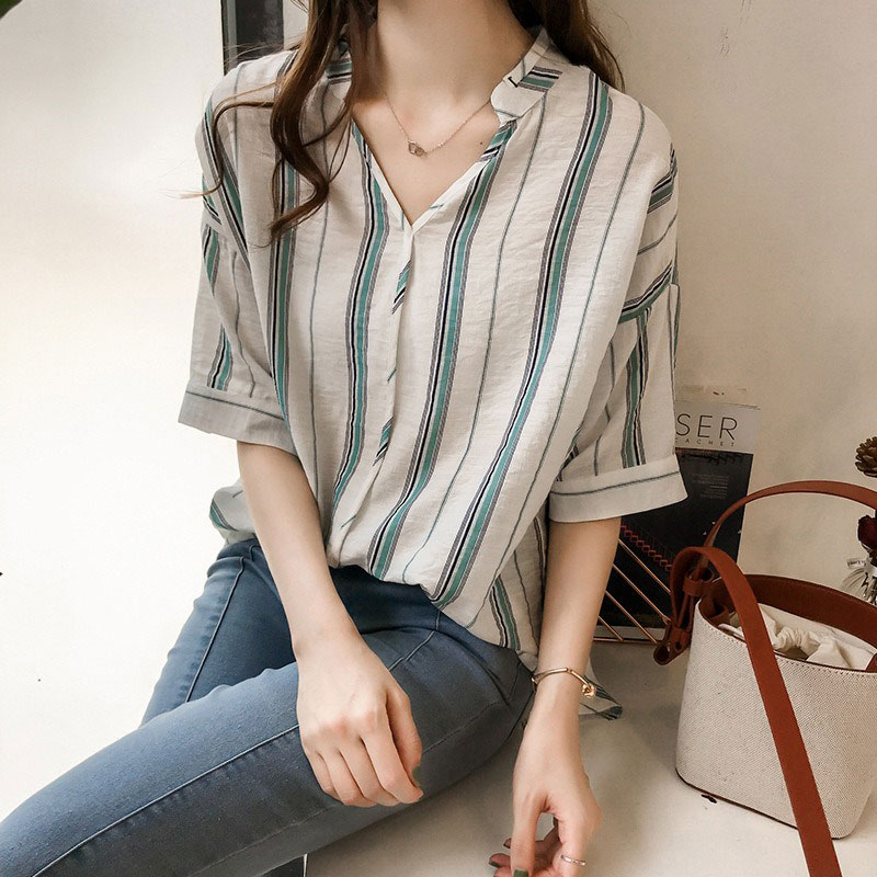 가오리핏 린넨 블라우스 퍼프 브이넥 여름 셔츠 이미지 3