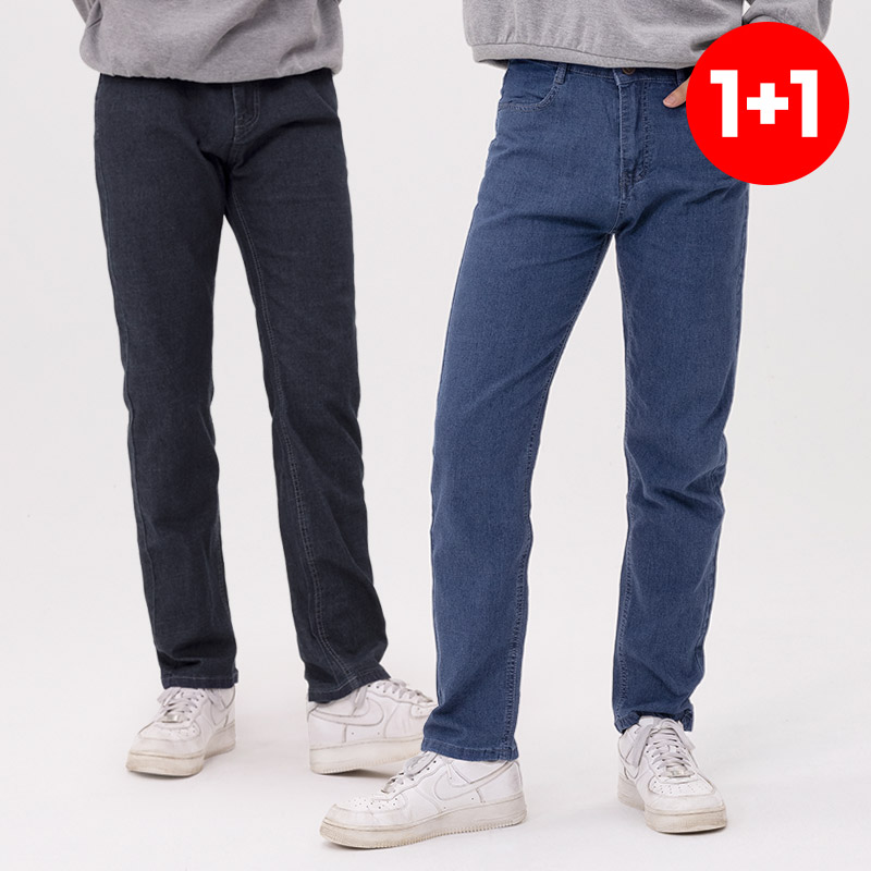 1+1 셀비지 남자 청바지 일자 스판 데님 팬츠 - 상품 이미지