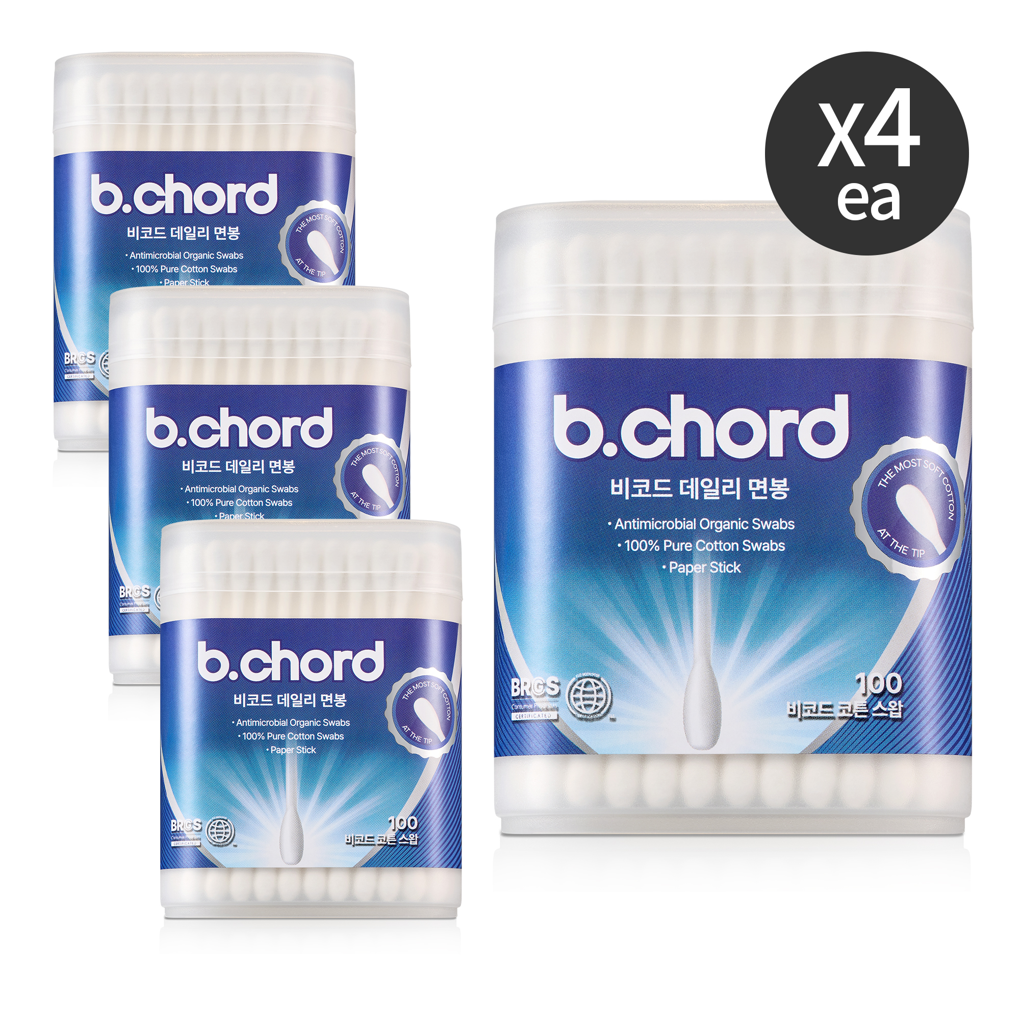 [100개입x4통] 대용량 비코드 면봉 순면100% 귀지 청소 면봉케이스 제품 이미지