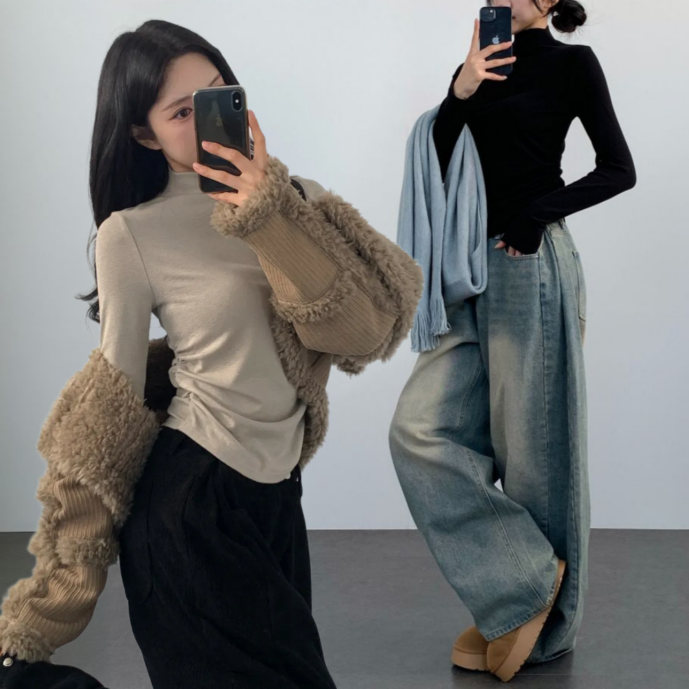 여성 목티 무지 셔링 반목 폴라티셔츠 - 상품 이미지