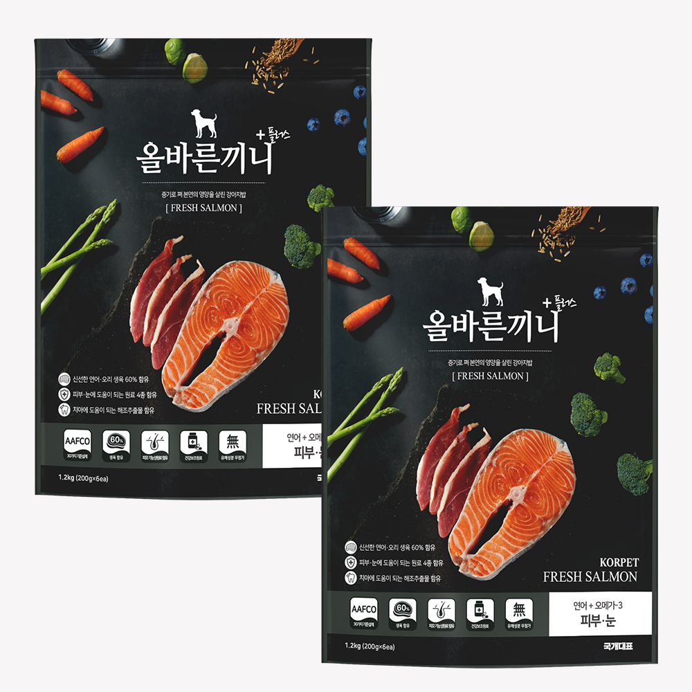올바른끼니 플러스 눈물 알러지 피부 도움 기호성 좋은 강아지사료 연어+오메가3, 1.2kg, 2개 - 상품 이미지