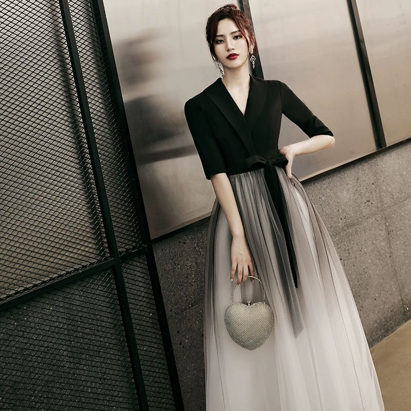 연주회 드레스 블랙 이브닝드레스 피로연 셀프웨딩 새틴 롱드레스 - 상세 이미지 3
