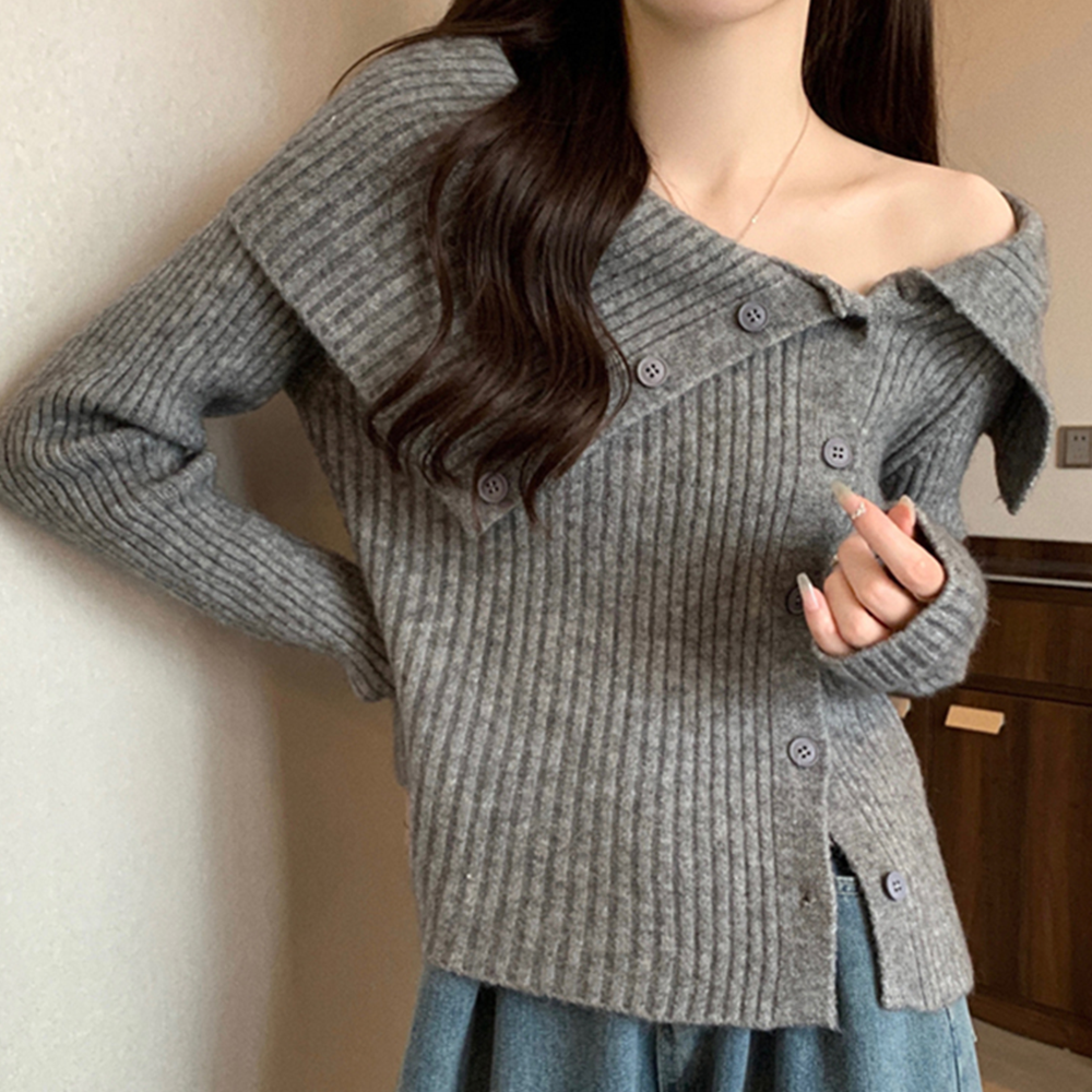 F/W 투웨이 오프숄더 버튼 골지 니트 5컬러 그레이, FREE(One size) - 상세 이미지 2