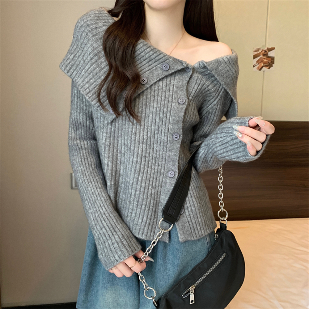 F/W 투웨이 오프숄더 버튼 골지 니트 5컬러 그레이, FREE(One size) - 상세 이미지 5