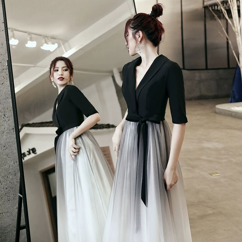 연주회 드레스 블랙 이브닝드레스 피로연 셀프웨딩 새틴 롱드레스 - 상세 이미지 4