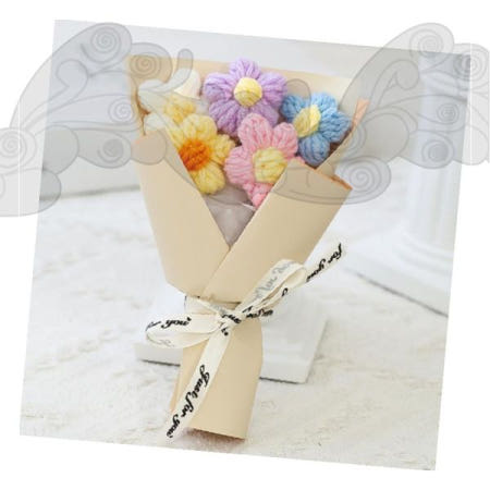 뜨개질 꽃다발 졸업식 선물용 미니 조화 꽃인형 포장지 리본 장미 튤립 파스텔 컬러 핸드메이드