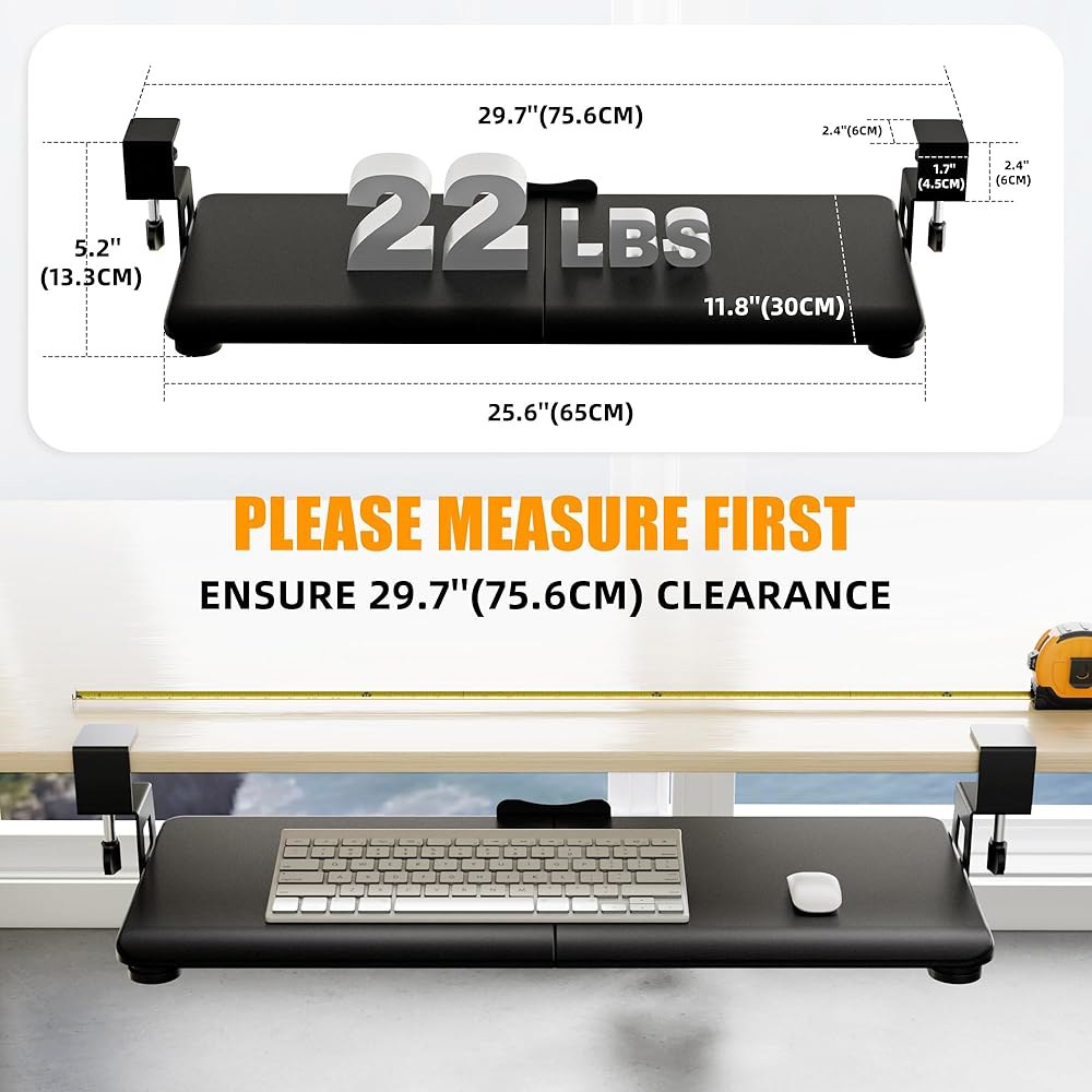 ERGOMAKER 책상 아래 키보드 트레이, 컴퓨터 플랫폼 마운트가 클램프 65cm(25.6인치) 및 포함 블랙 75.4cm(29.7인치)) 30cm(11.8인치) 서랍, 풀아웃 - 상세 이미지 3