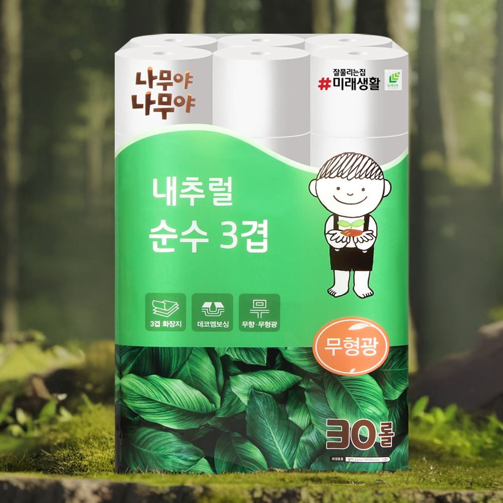 나무야나무야 내추럴 순수 3겹 화장지 22m 30롤 1팩 먼지없는 물에잘녹는 두루마리휴지 - 상품 이미지