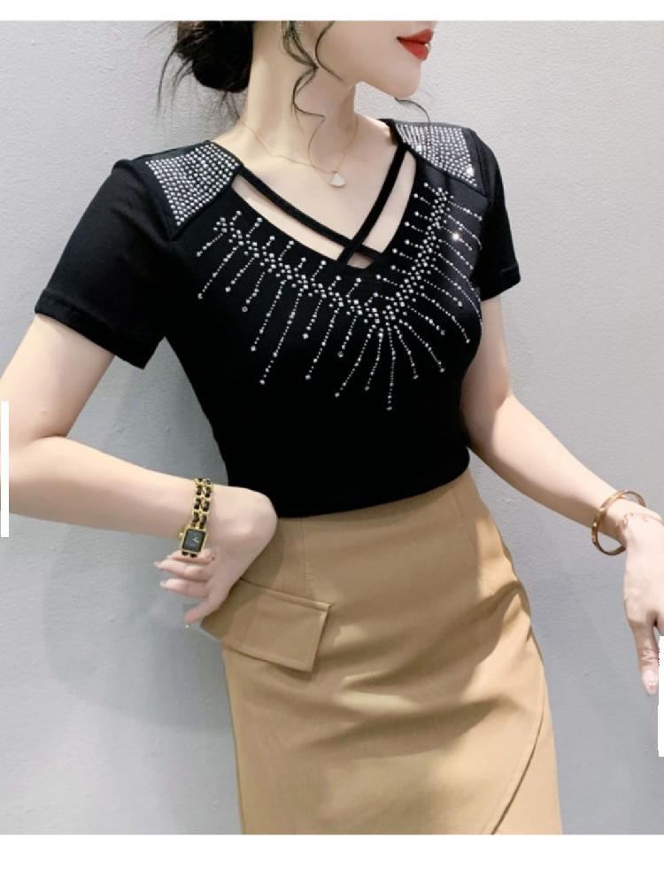 댄스복상의 큐빅 공연복 티셔츠 벨리 라틴 왈츠 연습복 탑 블랙 M - 상세 이미지 3