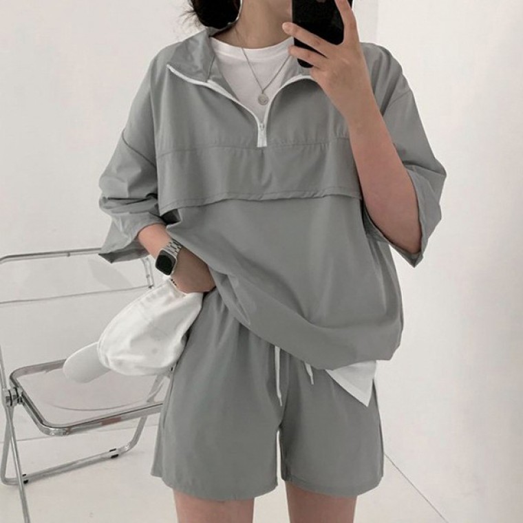 캐주얼 여름 3컬러 반집업 셋업 LK-SS11 - 메인 이미지