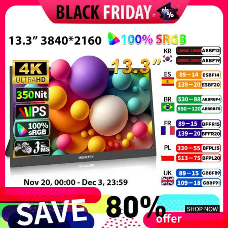 [해외]HGFRTEE 38402160 13.3인치 4K 휴대용 모니터 100%sRGB 350Cd/m² MAC/노트북/PC/Xbox/PS5/스위치용 두 번째 화면 217313