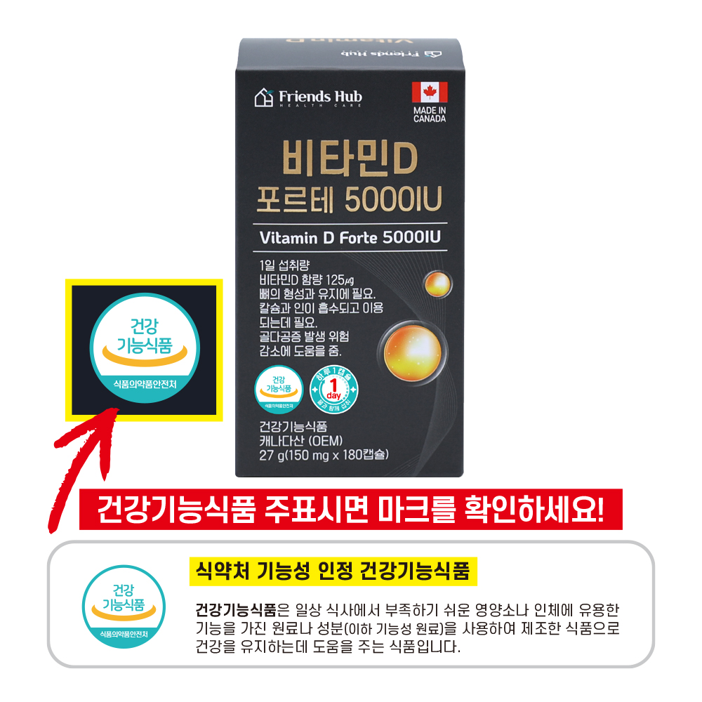 프렌즈허브 비타민D 포르테 5000IU 캐나다직수입 성인 임산부 어린이 180캡슐, 2개 - 상세 이미지 4