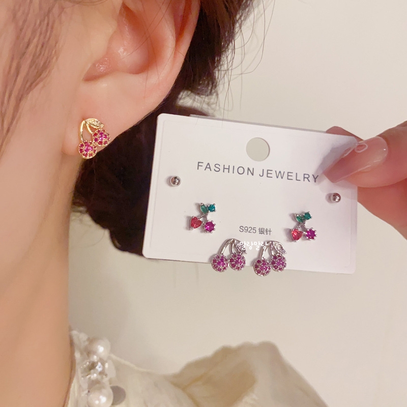 S925 상큼 컬러큐빅 체리 포인트 미니 볼 귀걸이 세트 이미지 7