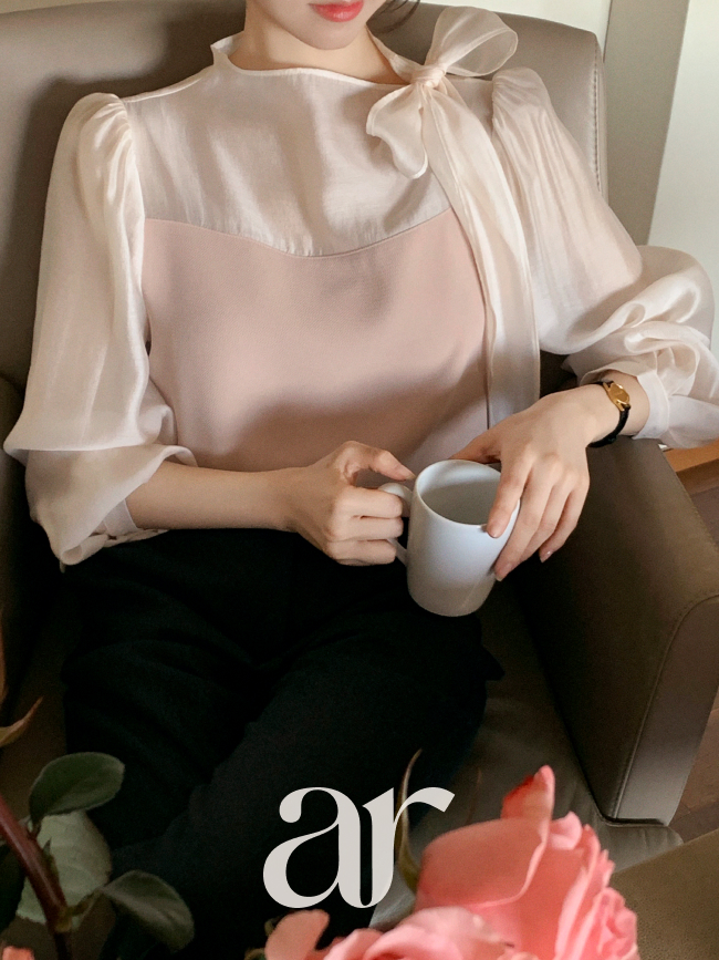 사이드 리본 배색 블라우스 bs8570 - 상세 이미지 4