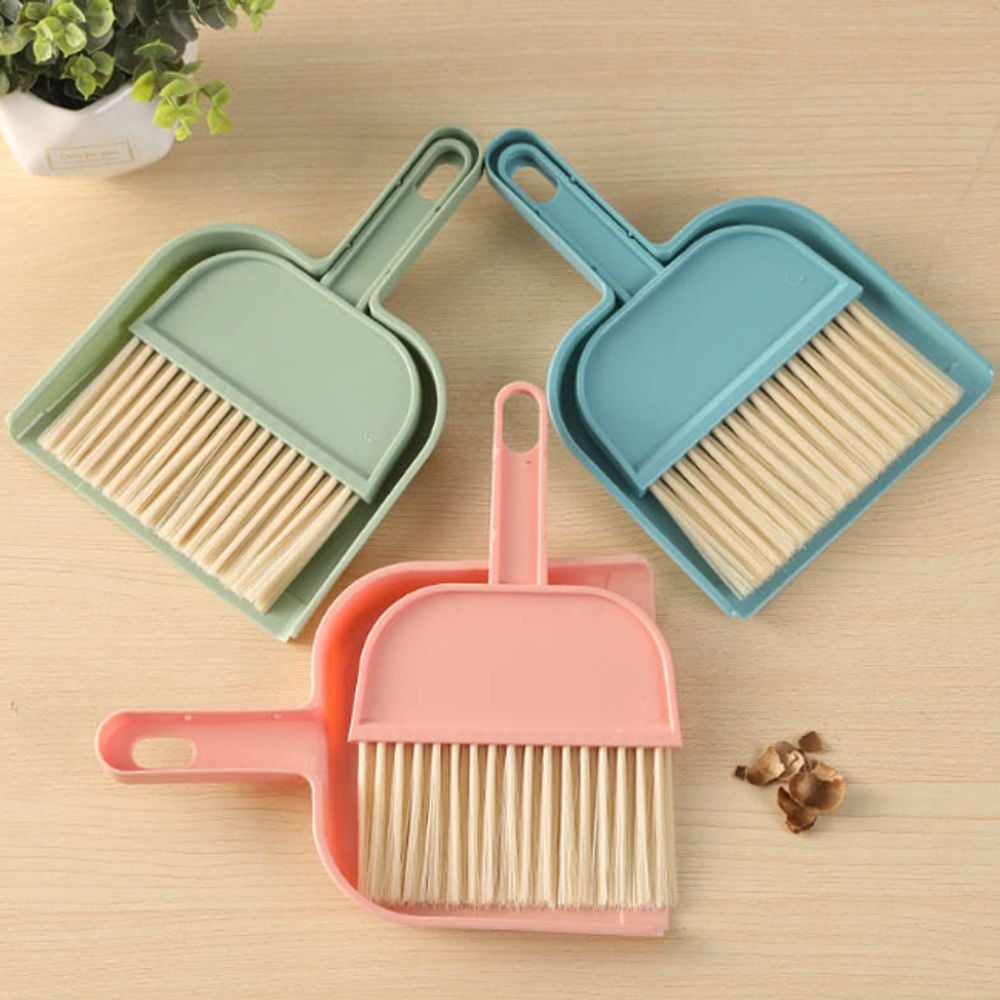 책상용 미니 빗자루 세트 1P 쓰레받이 실내 청소 고리 핑크 - 상품 이미지