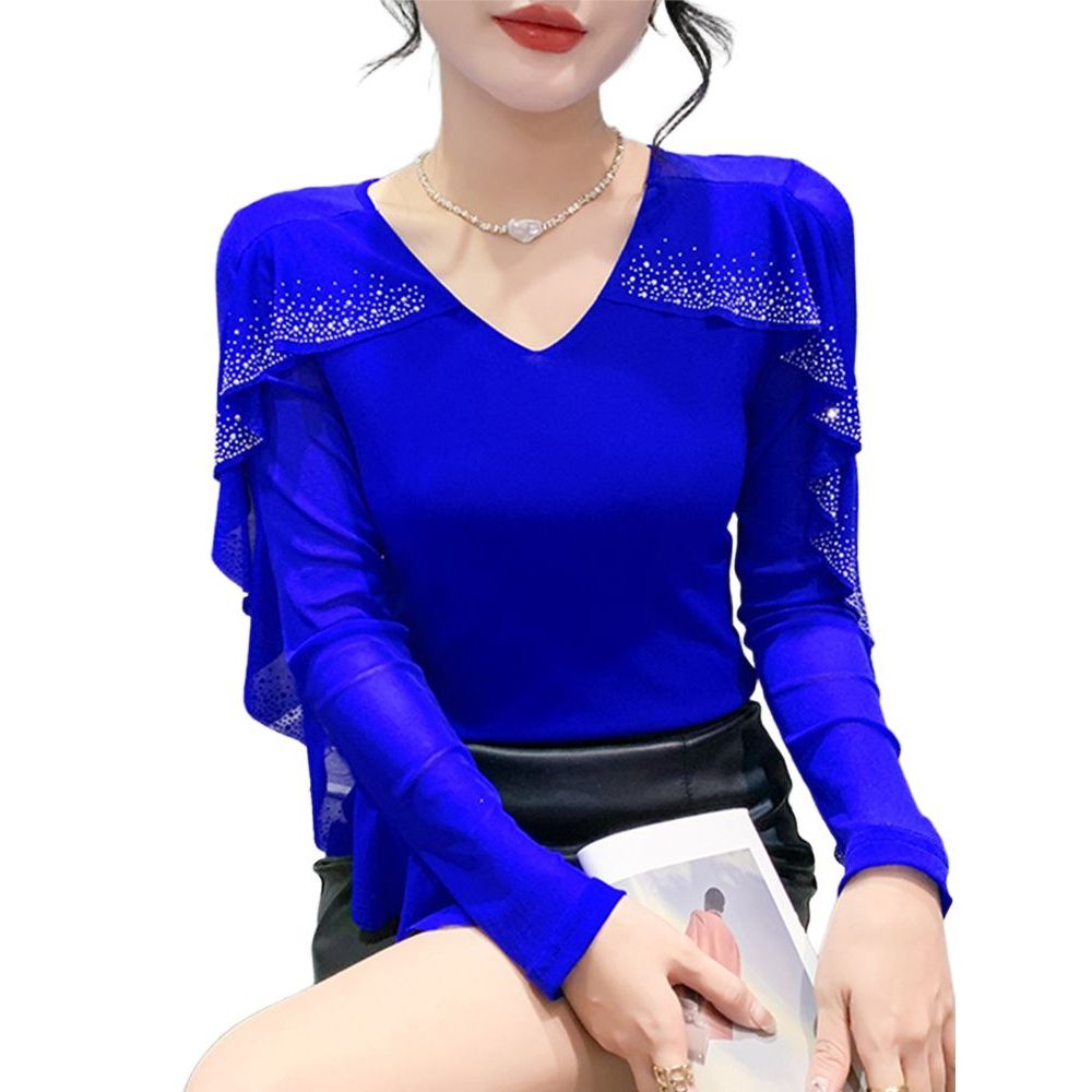 여성브이넥 망사티셔츠 슬림핏 반짝장식 프릴 긴팔 상의 - 상품 이미지
