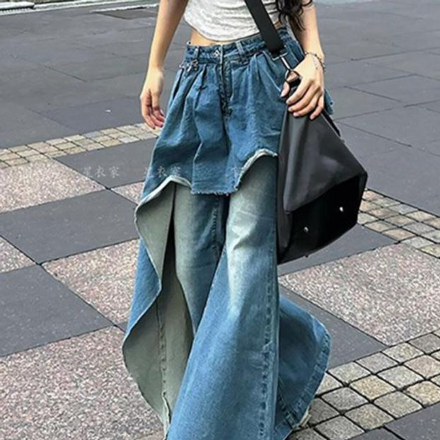 여성 가을 워싱 데님 팬츠 레트로 디자인 롱바지 트렌디 스타일 - 메인 이미지